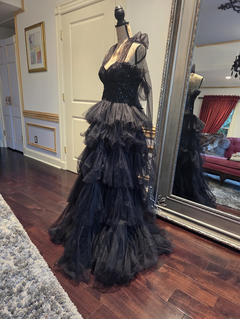 Black Tiered Tulle Evening Gown M - Picture 6 of 8